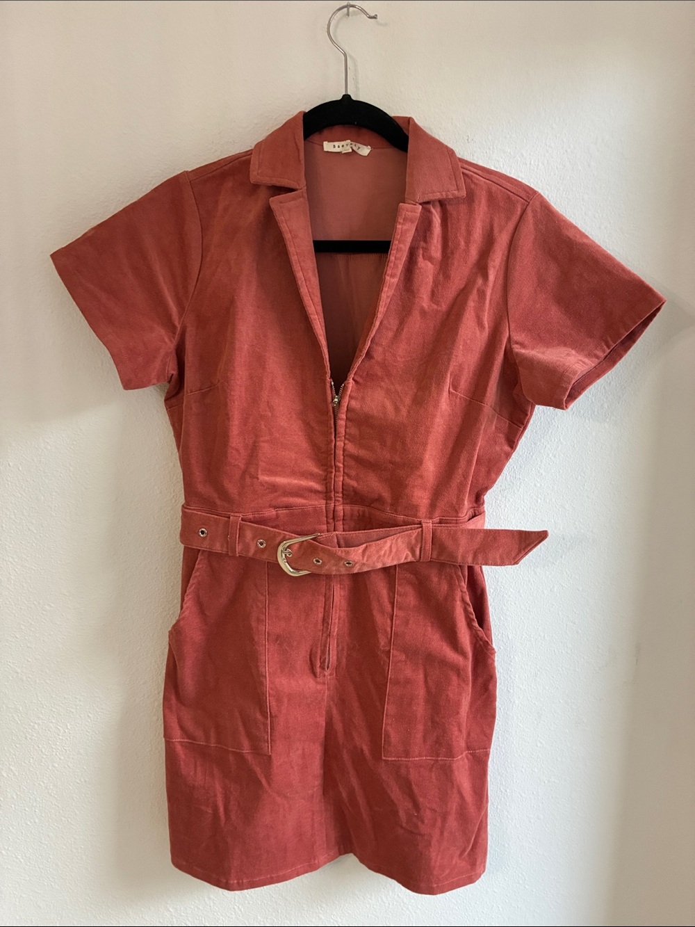 Short-Sleeve Rust Mini Dress with Belt